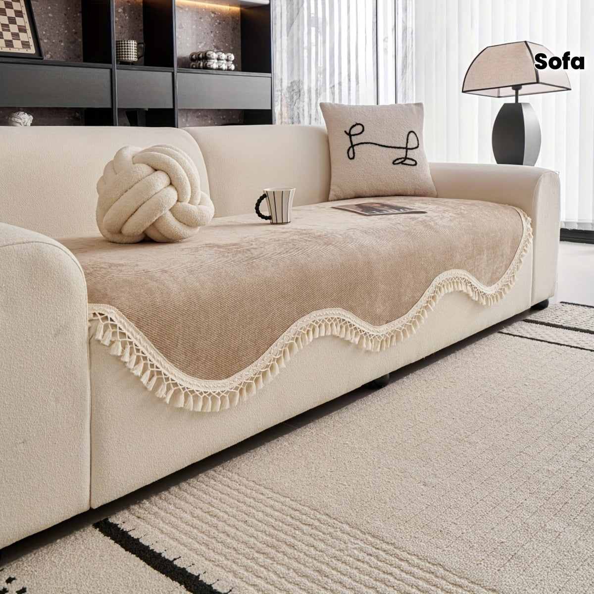 Capa de Sofá Chenille com Borlas e Base Antiderrapante