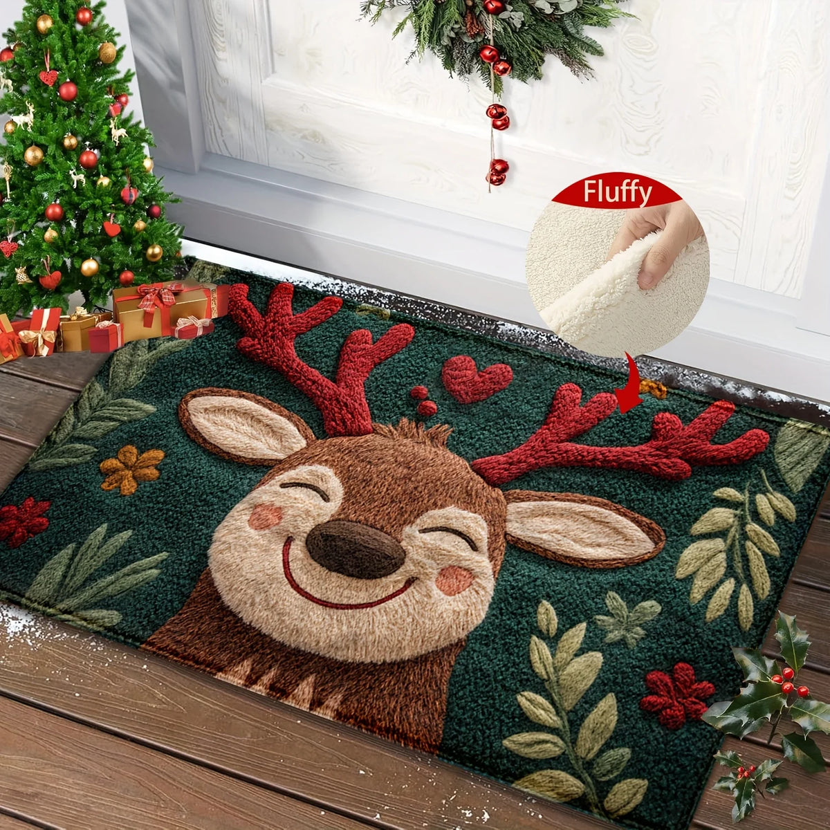 1pc tapete de banho de microfibra de cervos de Natal fofo – secagem rápida e absorvente, design festivo de férias com bagas vermelhas e folhas verdes