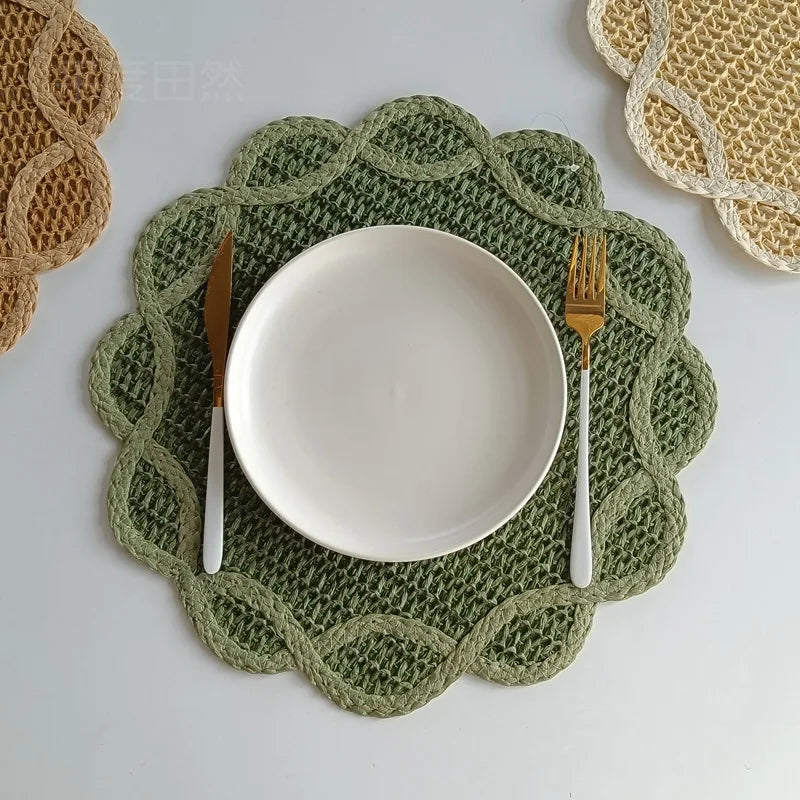 2 Peças de Decoração Criativa para Casa: Jogo Americano de Papel Trançado em Formato de Flor, Isolante Térmico, Estilo Ocidental, para Jantar e Adereço Fotográfico