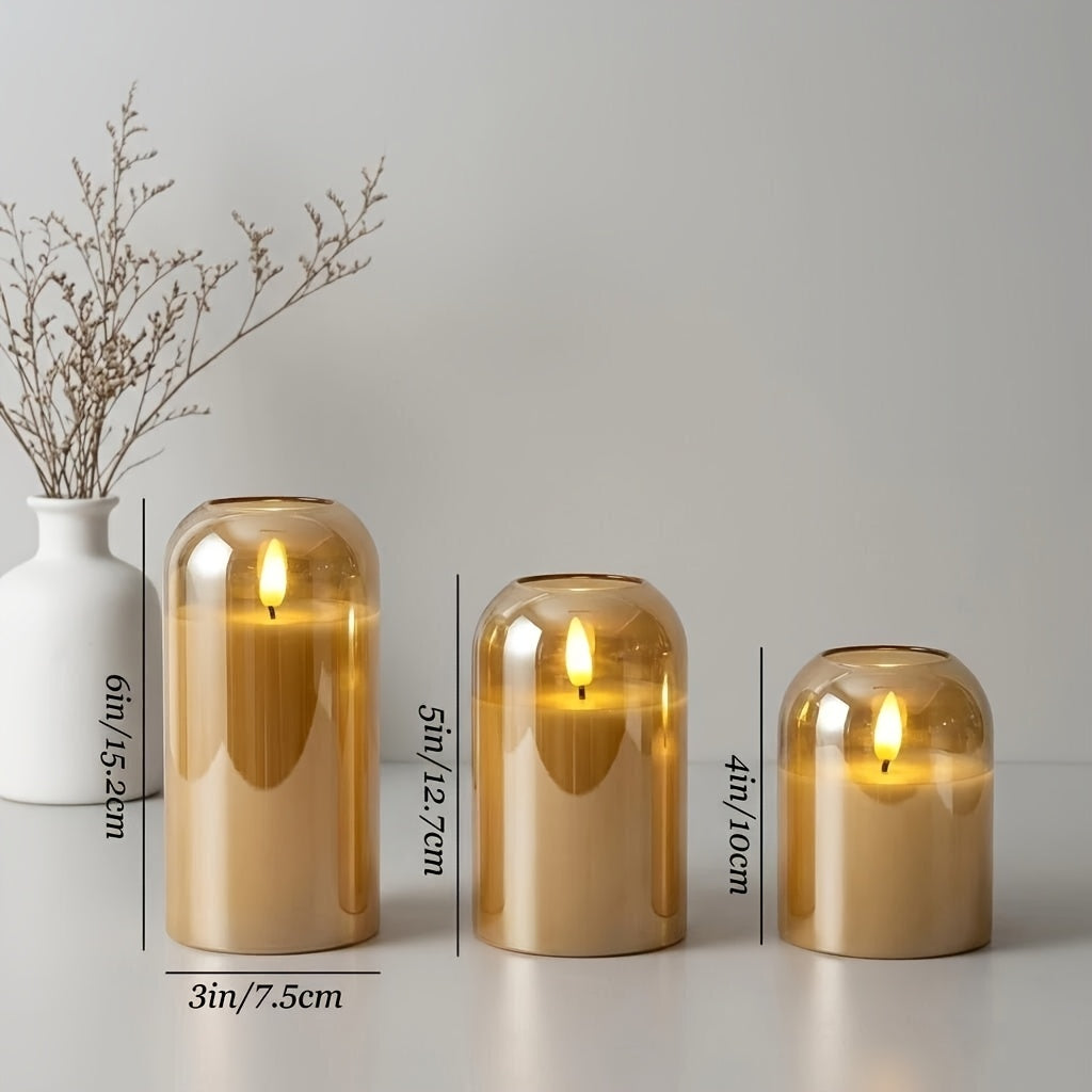 Kit com 3 Velas de LED Douradas com Chama Dançante