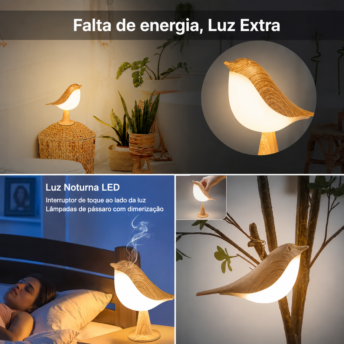 Luminária Pássaro com Sensor de Toque e USB, 2 Cores