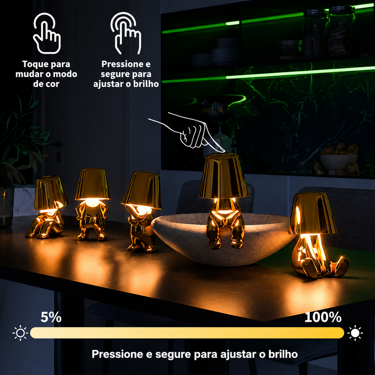 Luminária de Mesa Pensador Dourada LED USB