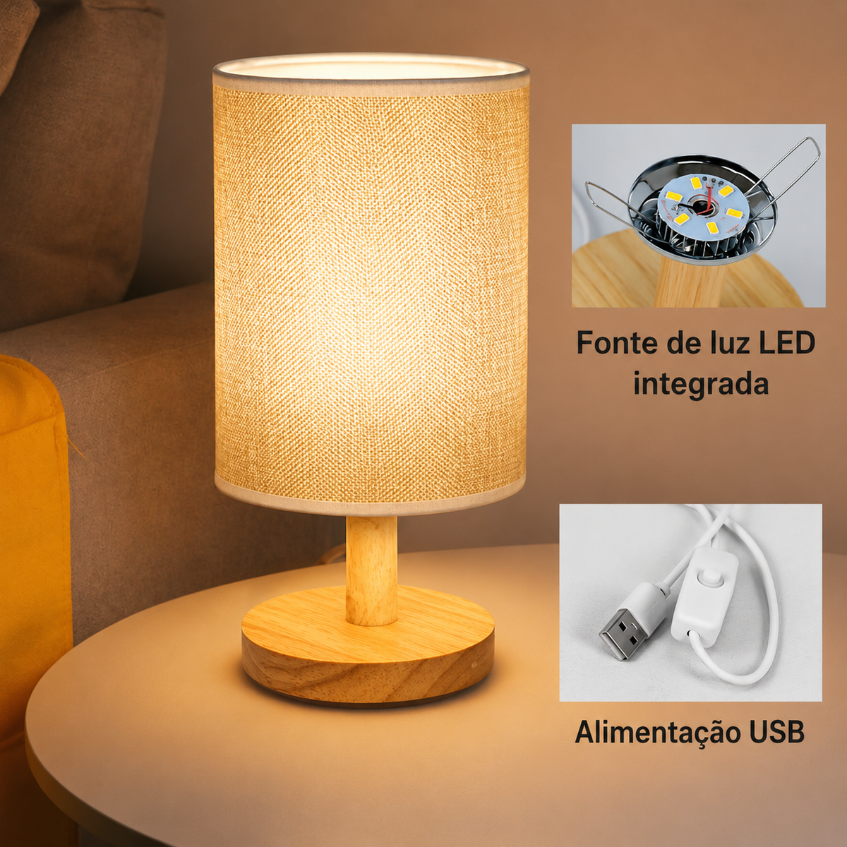 Luminária de Mesa Nórdica USB com Cúpula de Linho