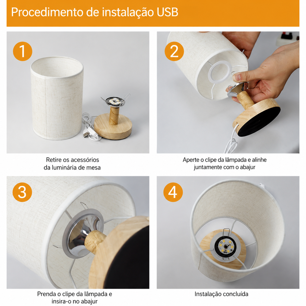 Luminária de Mesa Nórdica USB com Cúpula de Linho