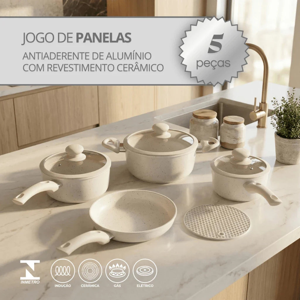 Jogo Panelas Cerâmica Tampa Silicone