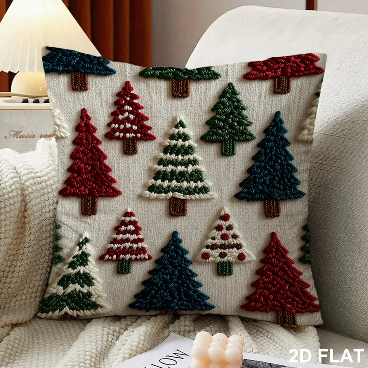 Capa de Almofada 2D com Estampa Plana, Estilo Bordado de Árvore de Natal, Almofada Decorativa para Sofá, Decoração de Casa, Presente