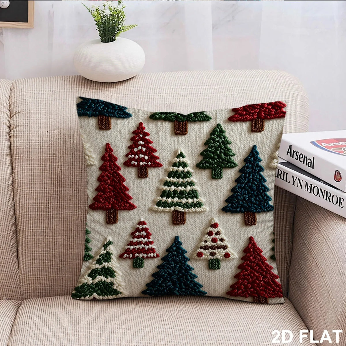 Capa de Almofada 2D com Estampa Plana, Estilo Bordado de Árvore de Natal, Almofada Decorativa para Sofá, Decoração de Casa, Presente