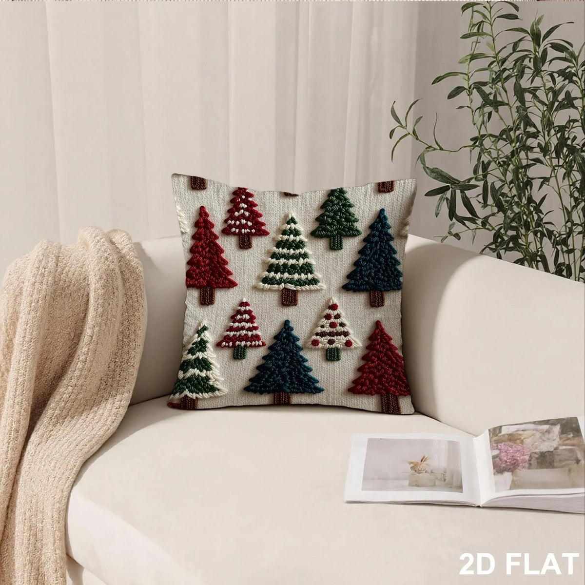 Capa de Almofada 2D com Estampa Plana, Estilo Bordado de Árvore de Natal, Almofada Decorativa para Sofá, Decoração de Casa, Presente