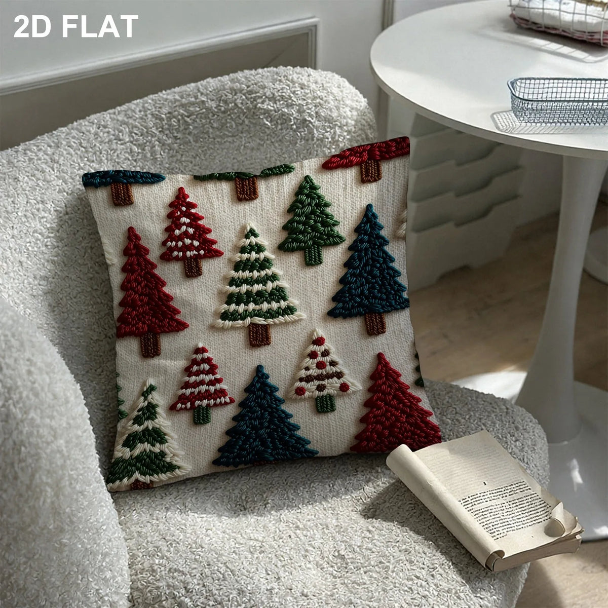 Capa de Almofada 2D com Estampa Plana, Estilo Bordado de Árvore de Natal, Almofada Decorativa para Sofá, Decoração de Casa, Presente