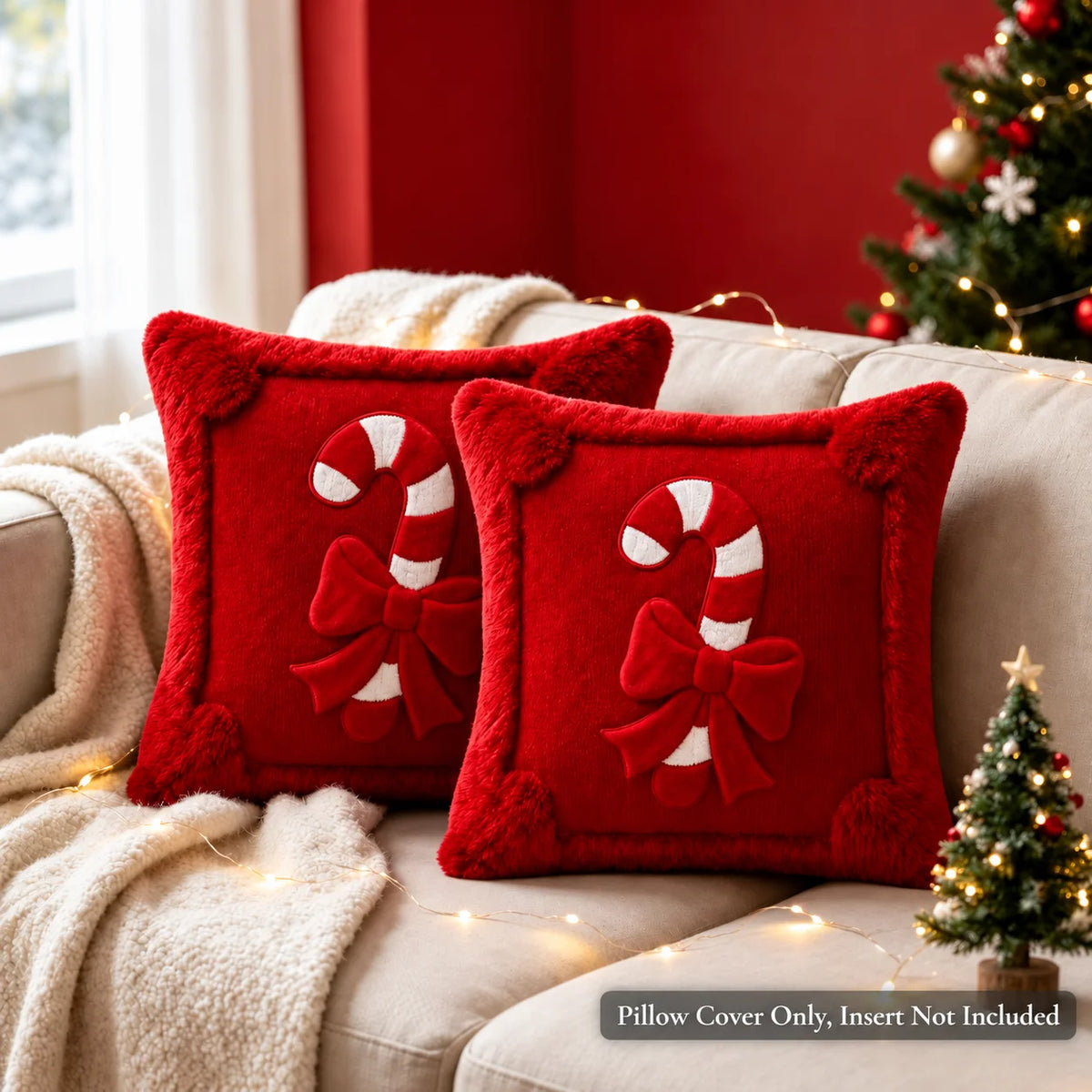 Capa de Almofada de Natal com Estampa de Bengala Doce, Capa de Almofada de Natal em Pelúcia Vermelha com Aparência de Pele Sintética, Laço para Decoração de Sofá e Casa no Inverno.