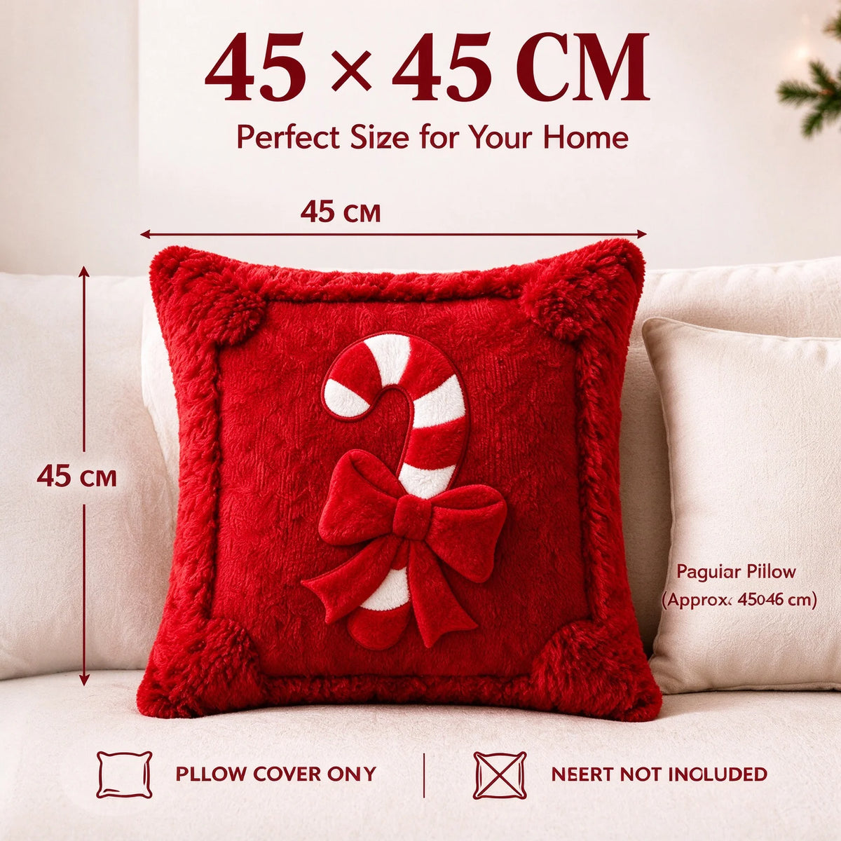 Capa de Almofada de Natal com Estampa de Bengala Doce, Capa de Almofada de Natal em Pelúcia Vermelha com Aparência de Pele Sintética, Laço para Decoração de Sofá e Casa no Inverno.
