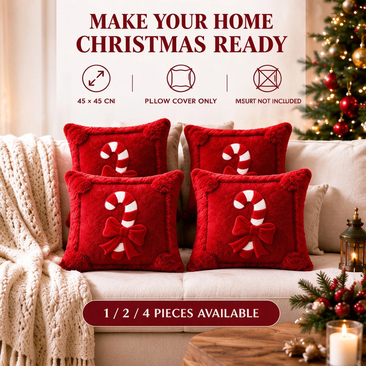 Capa de Almofada de Natal com Estampa de Bengala Doce, Capa de Almofada de Natal em Pelúcia Vermelha com Aparência de Pele Sintética, Laço para Decoração de Sofá e Casa no Inverno.