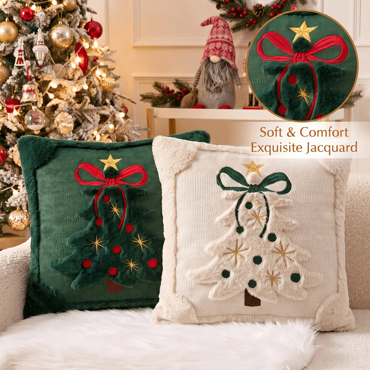 Capas de Almofada 3D com Padrão de Árvore de Natal em Pelúcia Sintética Bordada para Sofá e Decoração de Casa