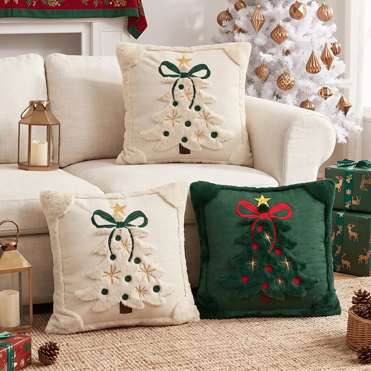Capas de Almofada 3D com Padrão de Árvore de Natal em Pelúcia Sintética Bordada para Sofá e Decoração de Casa