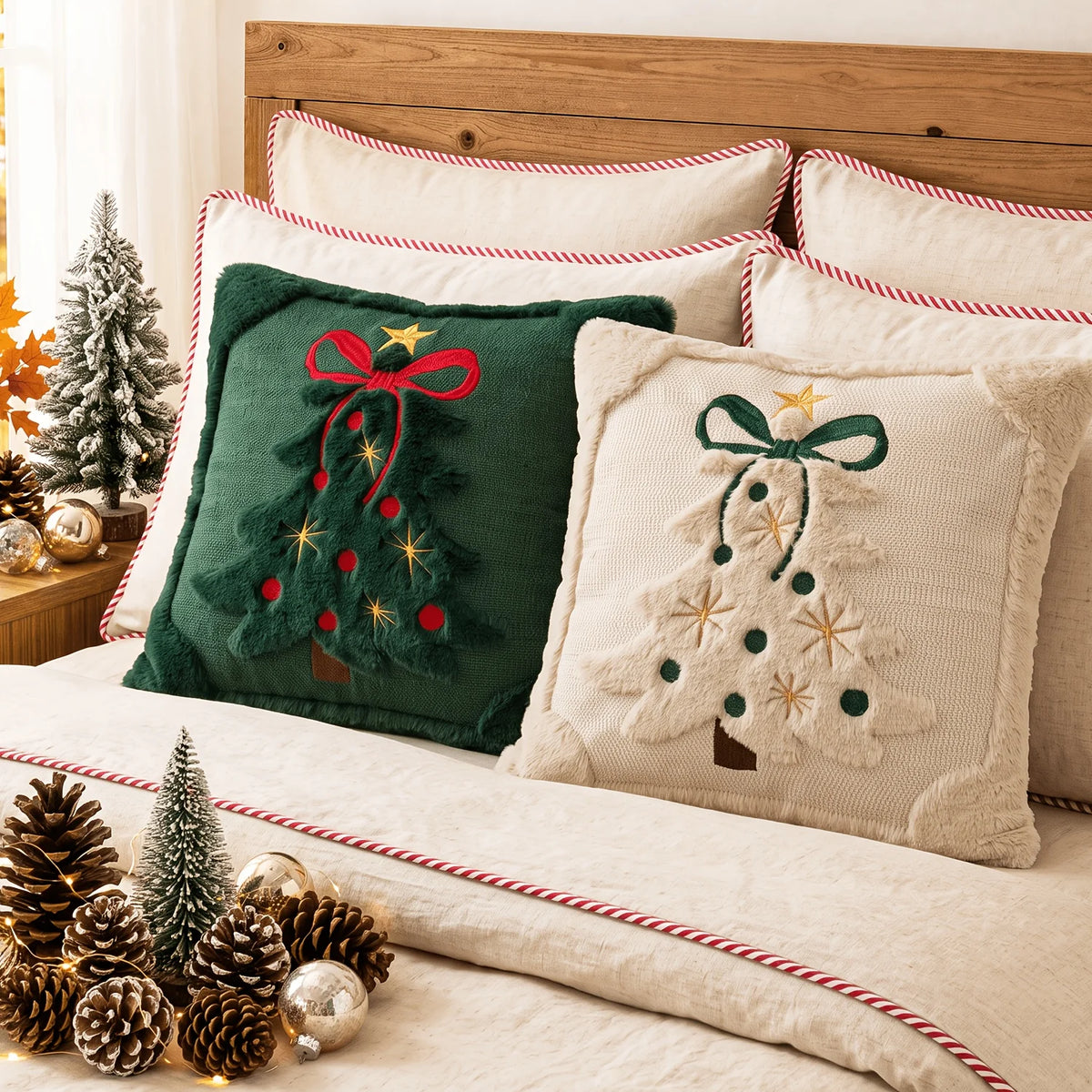 Capas de Almofada 3D com Padrão de Árvore de Natal em Pelúcia Sintética Bordada para Sofá e Decoração de Casa