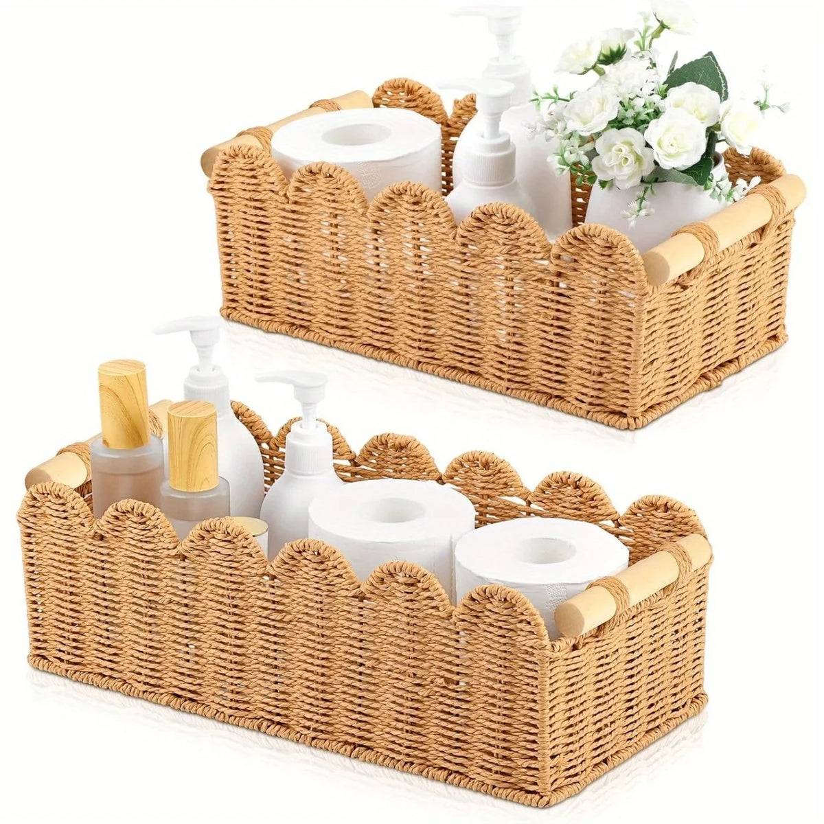 Cesta Escalopada de Rattan com Alças de Madeira, 35,5 cm