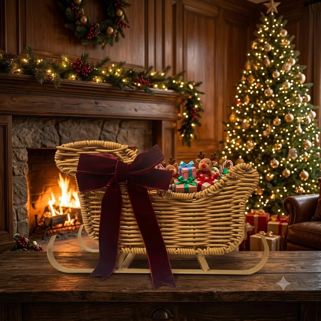 Cesta Trenó de Natal em Rattan com Laço de Veludo