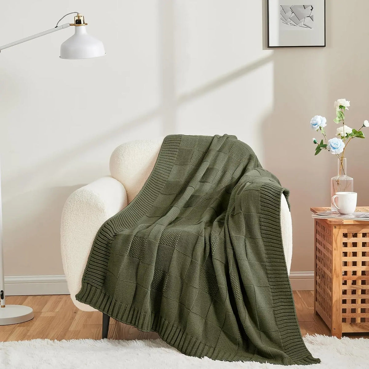 Cobertor de Tricô, Cobertor Verde Oliva com Estampa Xadrez para Sofá, Cobertor de Tricô Macio e Aconchegante para Cama, Sofá e Sala de Estar