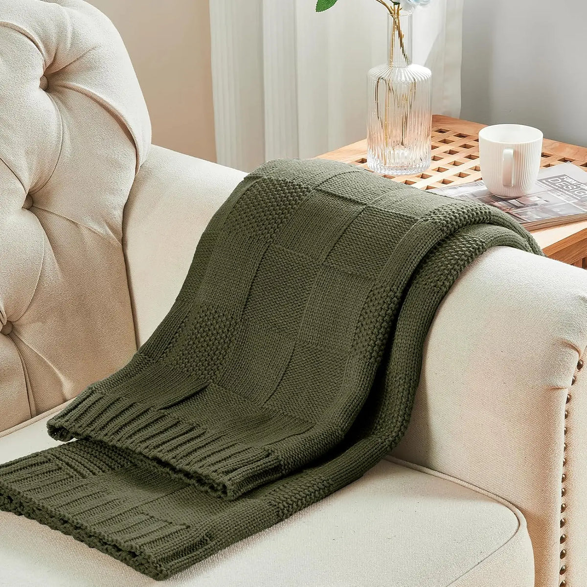 Cobertor de Tricô, Cobertor Verde Oliva com Estampa Xadrez para Sofá, Cobertor de Tricô Macio e Aconchegante para Cama, Sofá e Sala de Estar