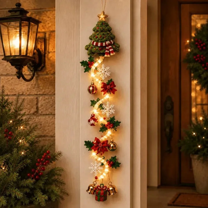 Enfeite de Natal para Porta com LED, Pai Natal de Crochê Feito à Mão, Árvore de Natal, Sino, Decoração de Parede para Casa, Porta da Frente, Enfeites de Ano Novo 2027