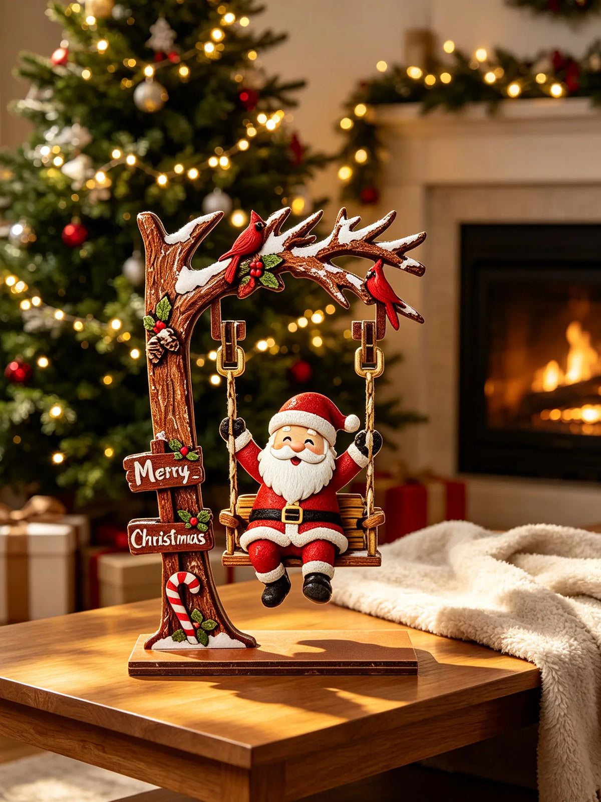 Enfeites de Natal em madeira, artesanatos natalinos divertidos com tema de baloiço, ideais para centros de mesa, decorações de festas e para decorar a mesa de trabalho em casa ou no escritório, ou para a estante de livros.