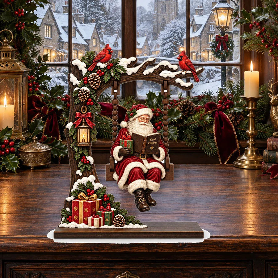 Enfeites de Natal em madeira, artesanatos natalinos divertidos com tema de baloiço, ideais para centros de mesa, decorações de festas e para decorar a mesa de trabalho em casa ou no escritório, ou para a estante de livros.