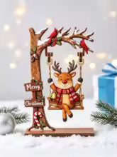 Enfeites de Natal em madeira, artesanatos natalinos divertidos com tema de baloiço, ideais para centros de mesa, decorações de festas e para decorar a mesa de trabalho em casa ou no escritório, ou para a estante de livros.