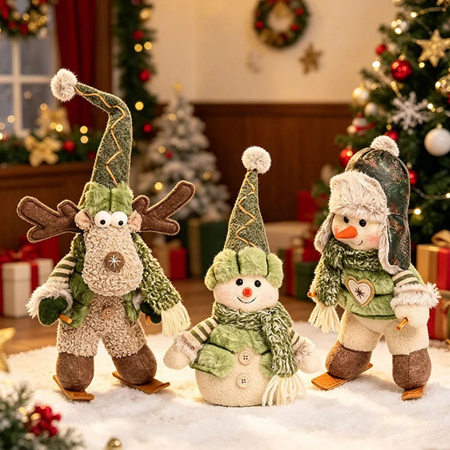 Estatuetas de bonecos de neve verdes para o Natal, decoração de cenas natalinas e enfeites de bonecos que realçam o ambiente, disponíveis em vários estilos, incluindo renas, bonecos de neve e designs de snowboard/esqui, adequados para decorações de férias, vitrines de shoppings e hotéis.