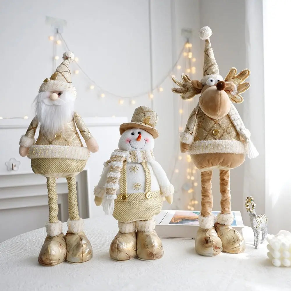 Grande natal boneca de pelúcia ornamentos ouro bonito papai noel retrátil boneca telescópica boneco de neve elk feliz natal decoração
