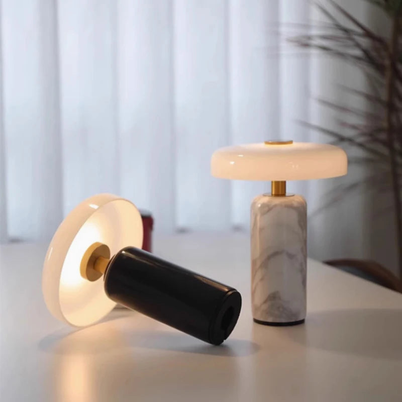 Luminária de Mesa LED com Bateria Recarregável, Estilo Art Deco, Vidro e Mármore