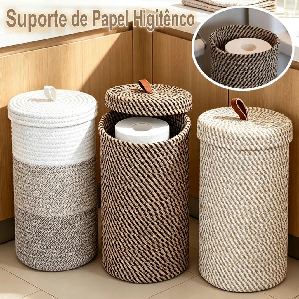Porta Papel Higiênico de Corda com Tampa, 3 Rolos