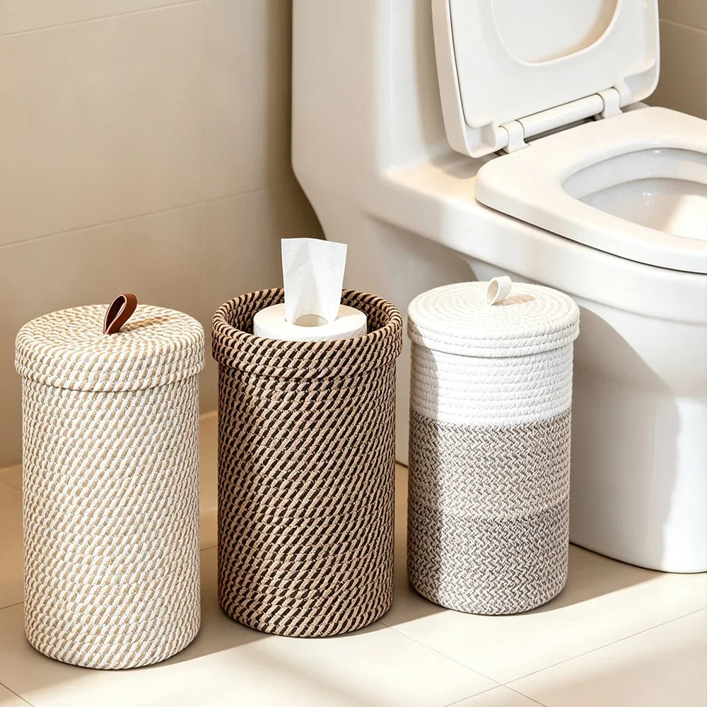 Porta Papel Higiênico de Corda com Tampa, 3 Rolos