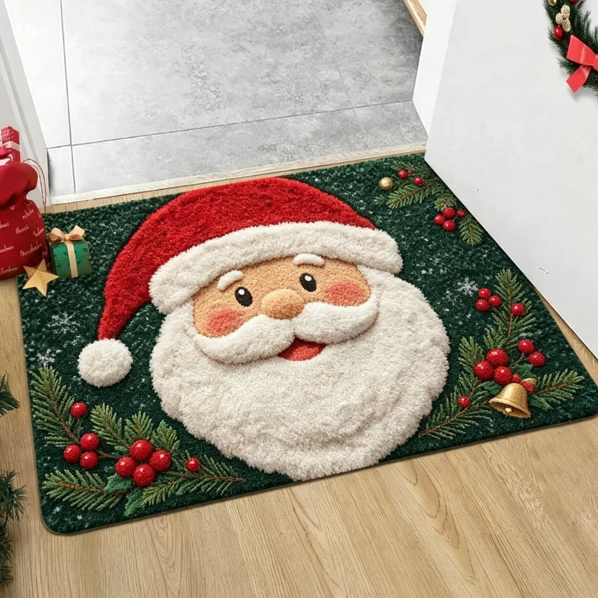Tapete de Boas-Vindas Antiderrapante para Entrada de Natal com Papai Noel Festivo, Chapéu Vermelho, Fundo Verde, Bagas e Sino