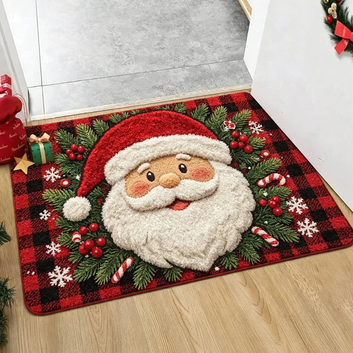 Tapete de Boas-Vindas Antiderrapante para Entrada de Natal com Papai Noel Festivo, Chapéu Vermelho, Fundo Verde, Bagas e Sino