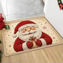 Tapete de Boas-Vindas Antiderrapante para Entrada de Natal com Papai Noel Festivo, Chapéu Vermelho, Fundo Verde, Bagas e Sino