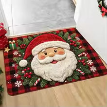 Tapete de Boas-Vindas Antiderrapante para Entrada de Natal com Papai Noel Festivo, Chapéu Vermelho, Fundo Verde, Bagas e Sino