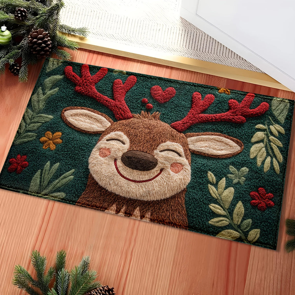 1pc tapete de banho de microfibra de cervos de Natal fofo – secagem rápida e absorvente, design festivo de férias com bagas vermelhas e folhas verdes