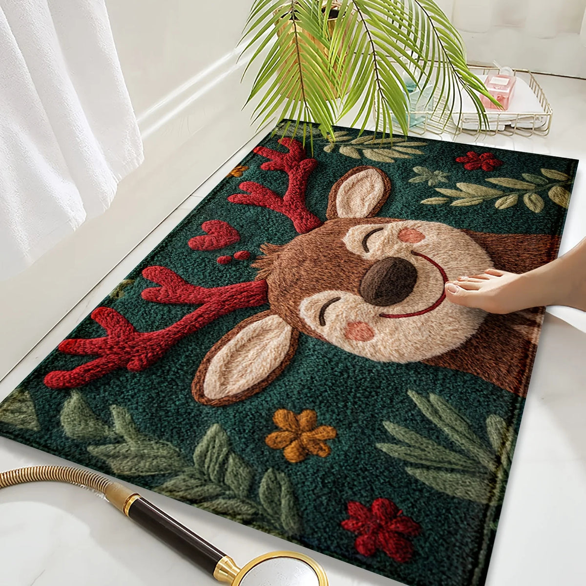 1pc tapete de banho de microfibra de cervos de Natal fofo – secagem rápida e absorvente, design festivo de férias com bagas vermelhas e folhas verdes