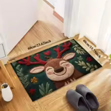 1pc tapete de banho de microfibra de cervos de Natal fofo – secagem rápida e absorvente, design festivo de férias com bagas vermelhas e folhas verdes