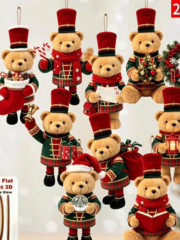 20/10 Peças de Enfeites de Natal de Madeira Artesanais em Formato de Urso 2D, Sortidos Aleatoriamente, com Vários Padrões de Elementos Natalinos, Ideais para Árvores de Natal, Decoração de Casa, Festas e Presentes de F