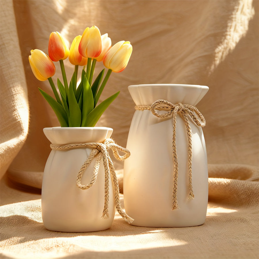 Kit com 2 Vasos Cilíndricos Brancos com Corda Boho