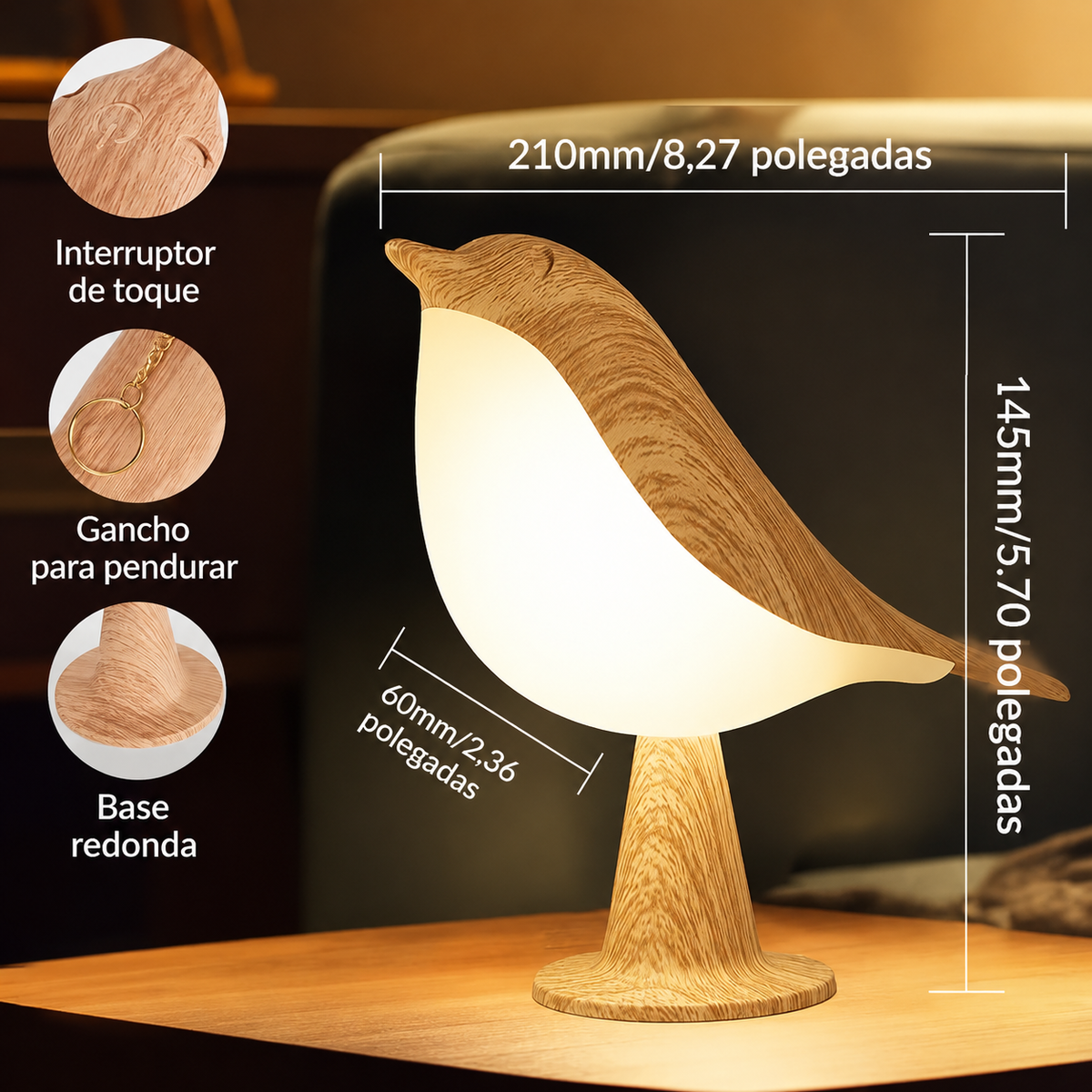 Luminária Pássaro com Sensor de Toque e USB, 2 Cores