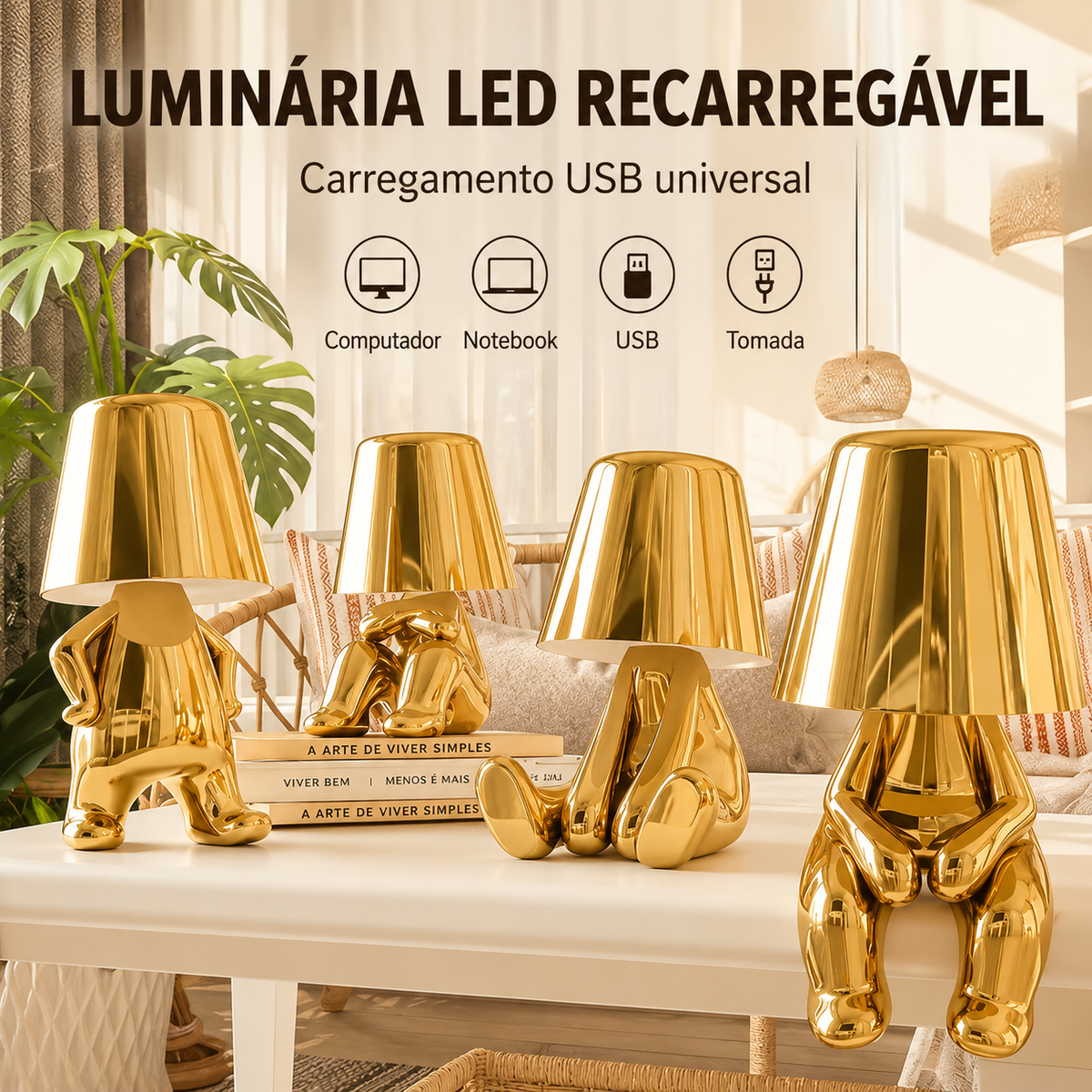Luminária de Mesa Pensador Dourada LED USB