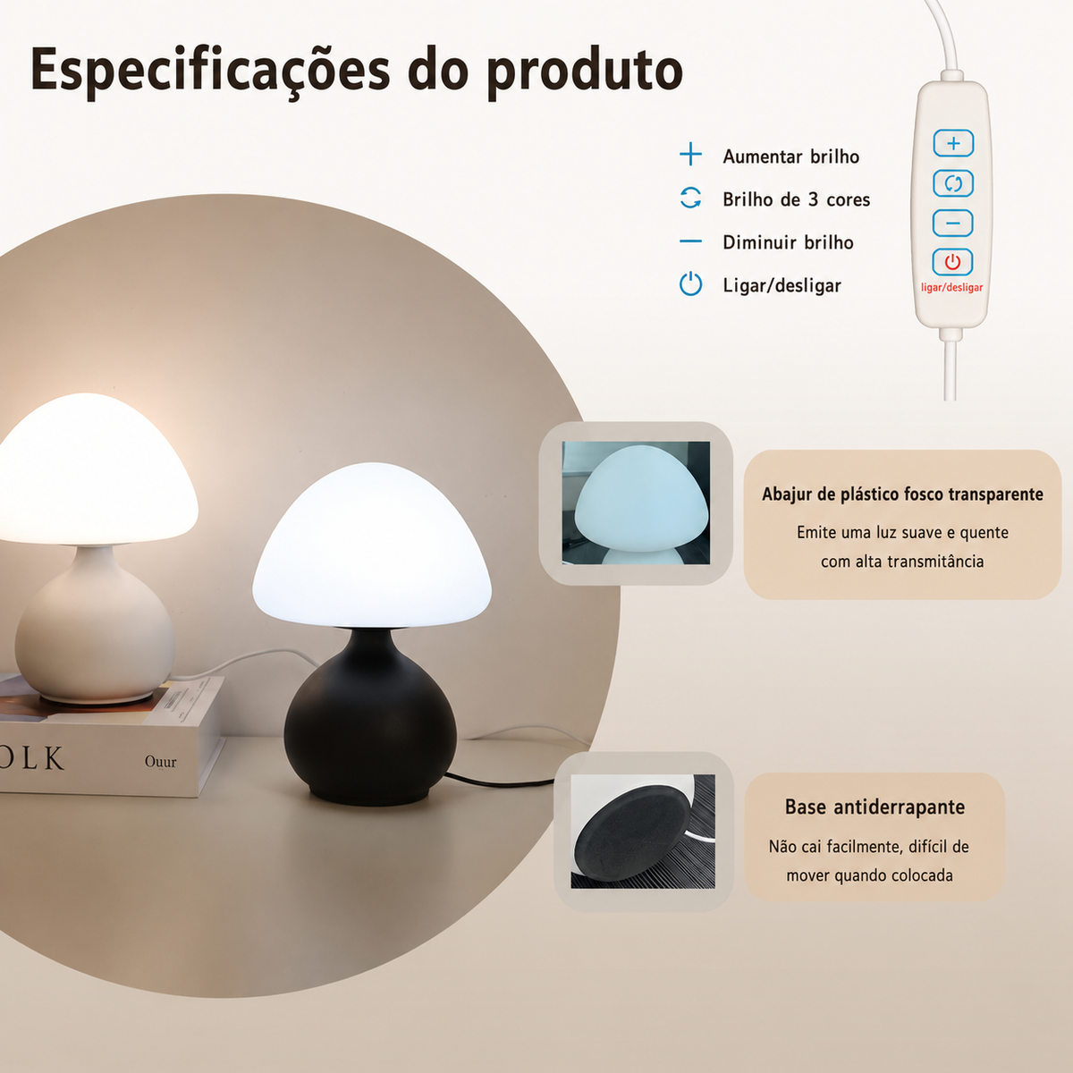 Luminária de Mesa Cogumelo LED com 3 Cores de Luz