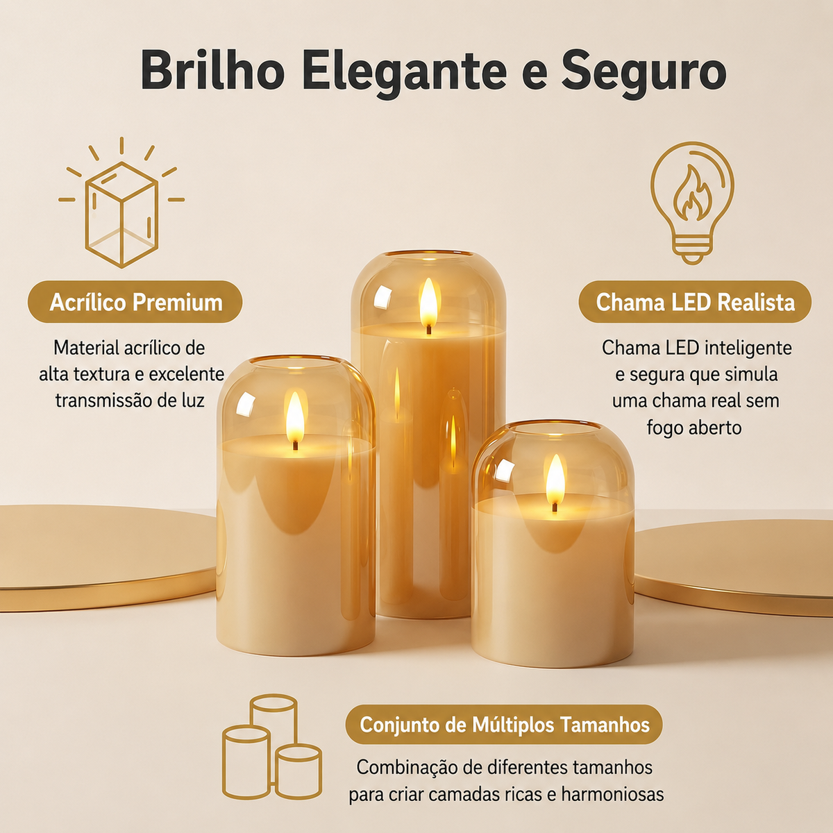 Kit com 3 Velas de LED Douradas com Chama Dançante