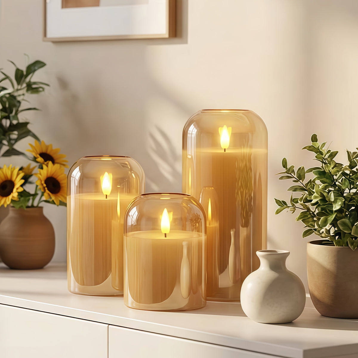 Kit com 3 Velas de LED Douradas com Chama Dançante