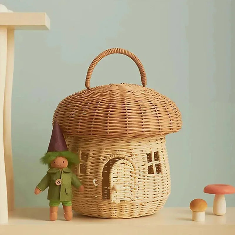 Cesta Cogumelo de Rattan com Tampa, 24 x 28 cm