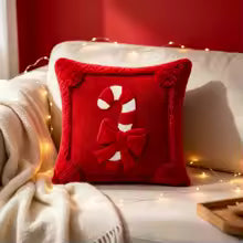 Capa de Almofada de Natal com Estampa de Bengala Doce, Capa de Almofada de Natal em Pelúcia Vermelha com Aparência de Pele Sintética, Laço para Decoração de Sofá e Casa no Inverno.