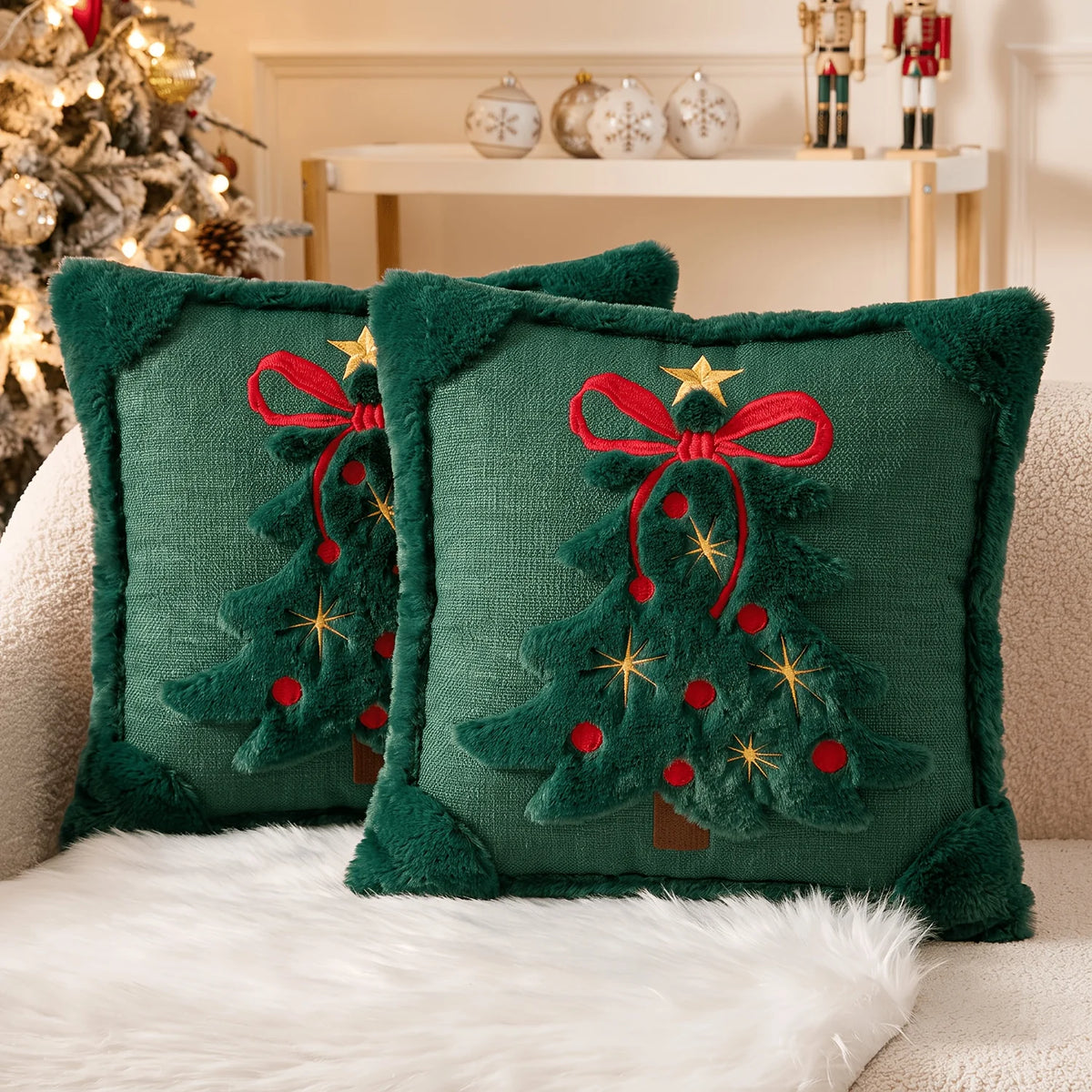 Capas de Almofada 3D com Padrão de Árvore de Natal em Pelúcia Sintética Bordada para Sofá e Decoração de Casa