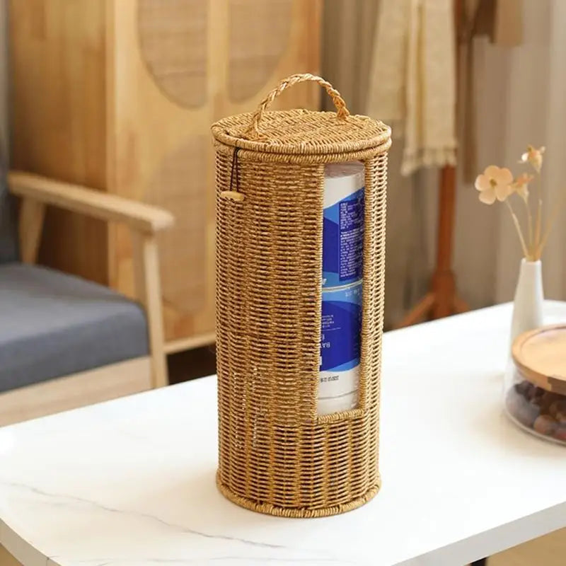 Cesto Cilíndrico de Rattan com Tampa e Abertura Frontal